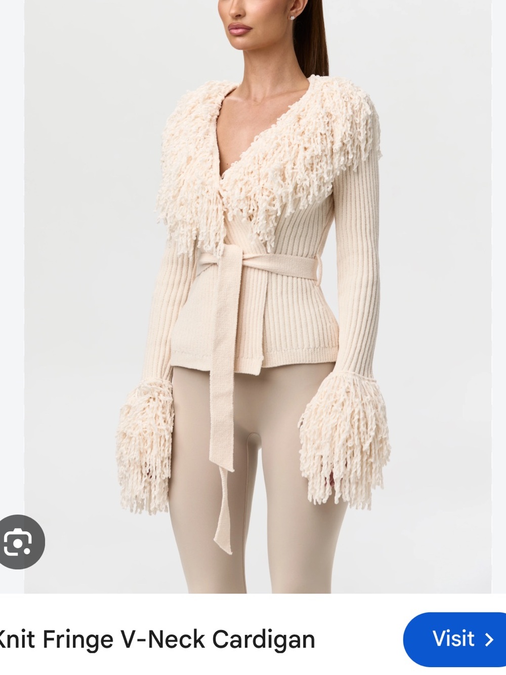 naked wardrobe Cream Fringe Ribbed V-Neck Cardigan with Tie Belt